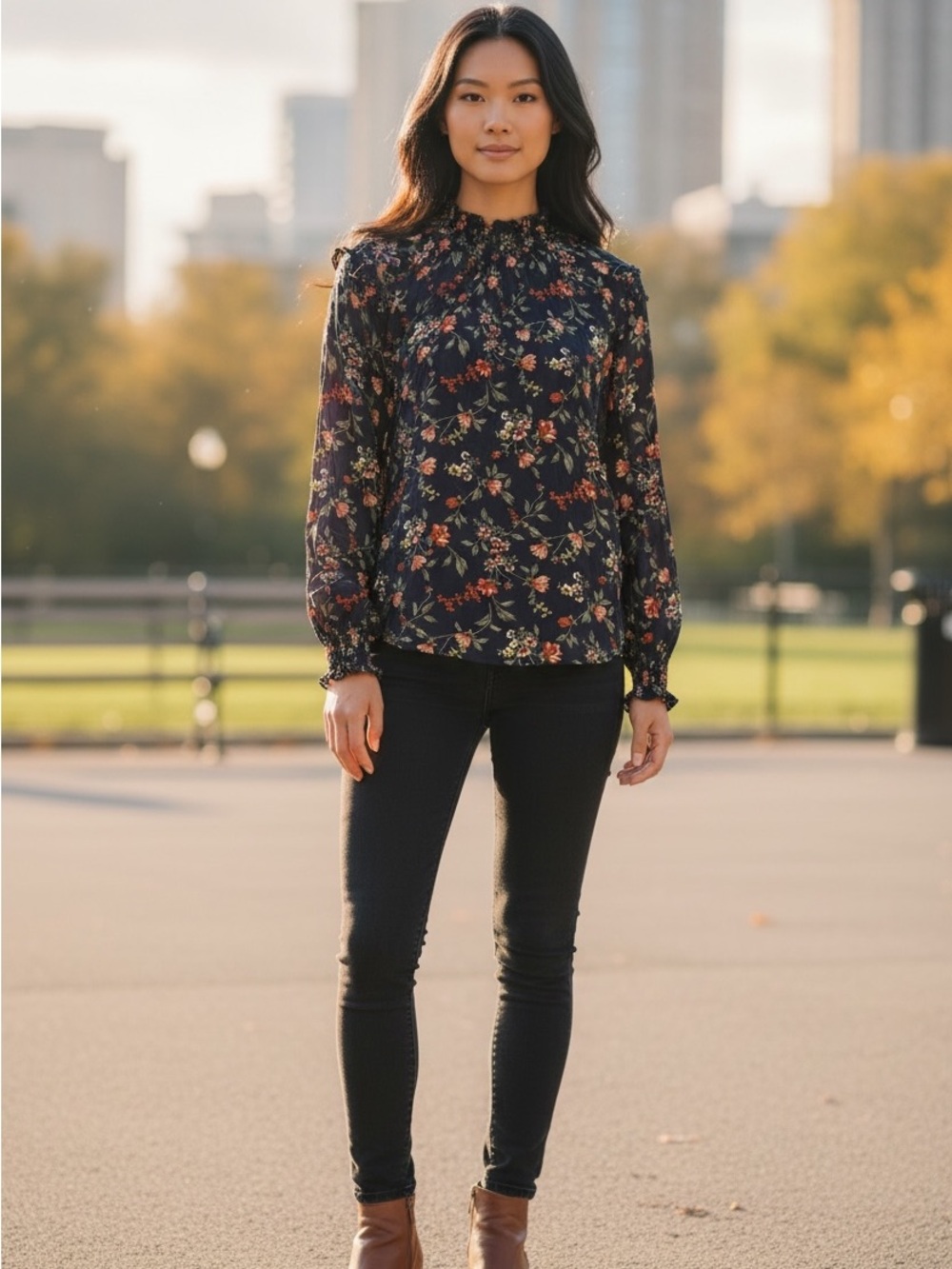 Navy Floral Ruffled High-Neck Blouse 1XL (14-16) #663